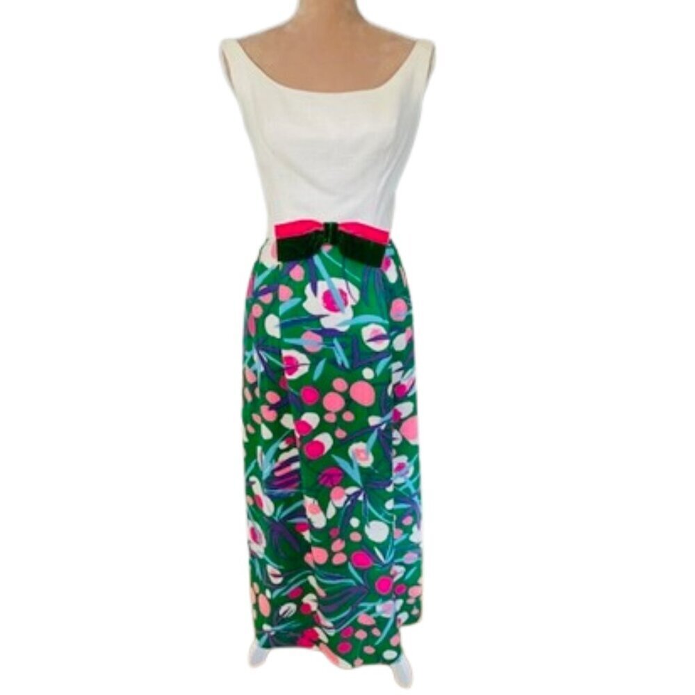 Vintage 1960's Linen Pink & Green Linen Floral High Waist Maxi Dress Vibrant